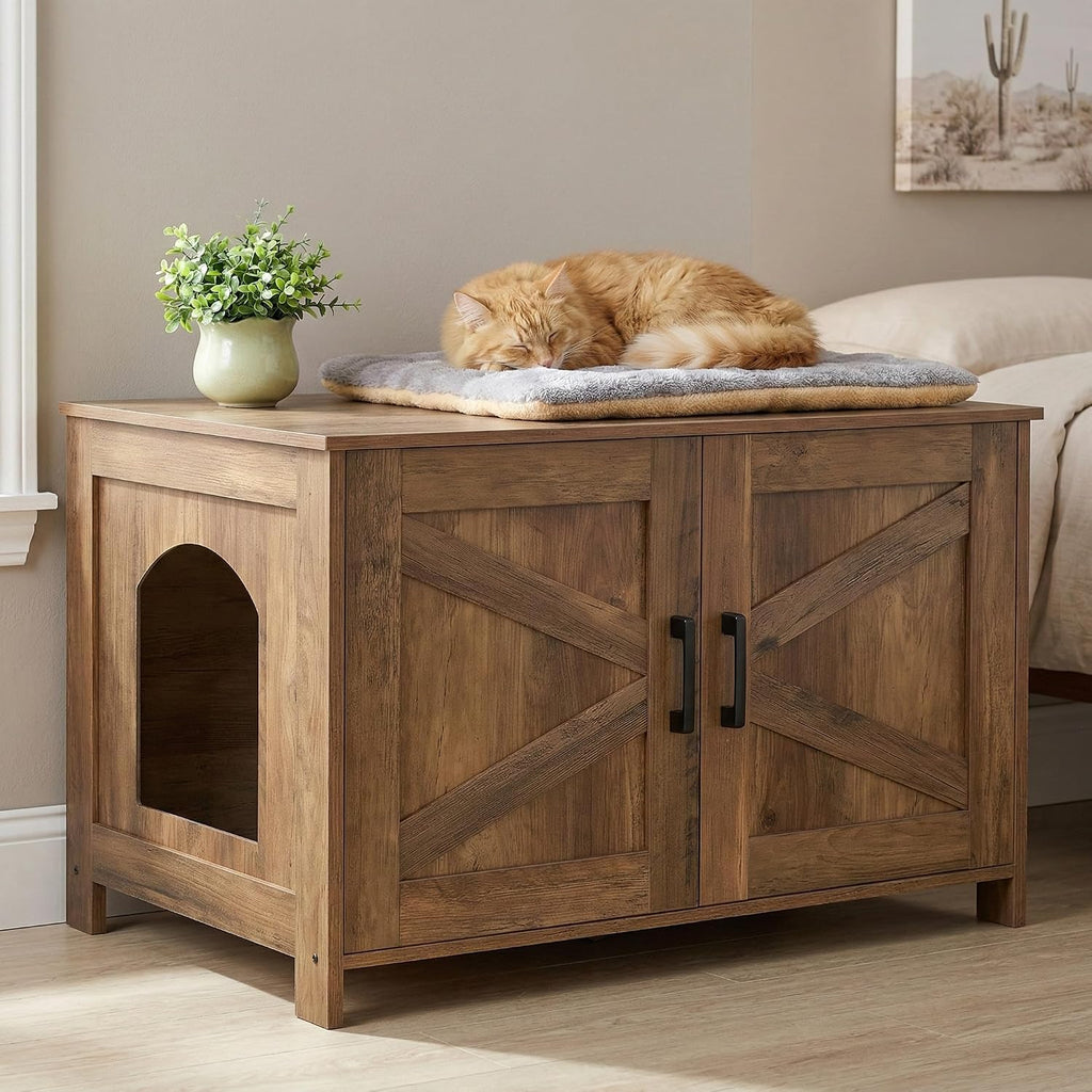 31.5" L Cat Litter Box Enclosure with Barn Door, Rustic Walnut