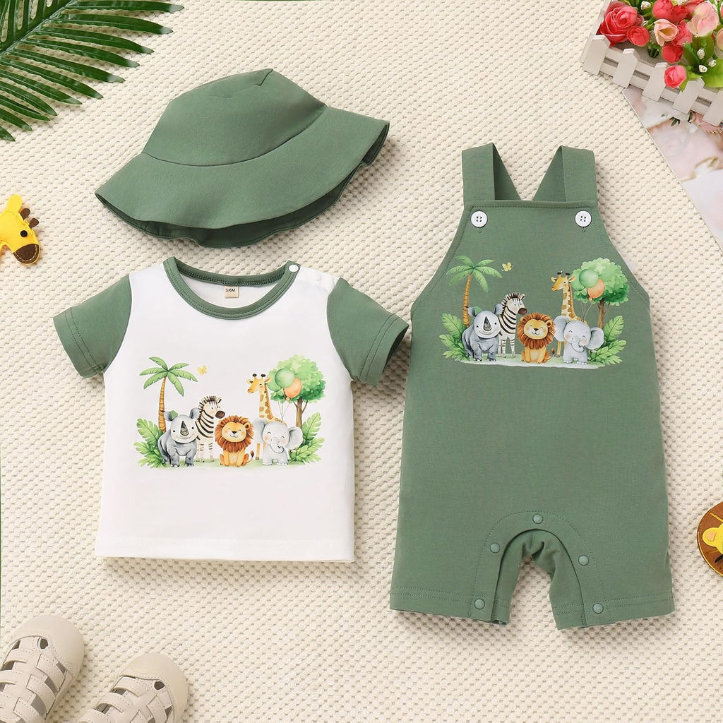 Baby Boy Jungle Safari Outfit, Baby Boys Tee + Shortall Set with Hat