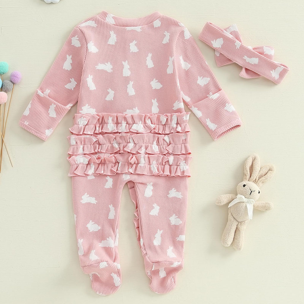 My First Easter Baby Girl Boy Outfit Footie Romper Waffle Knit Zipper Onesie Jumpsuit Newborn Easter Clothes (Pink