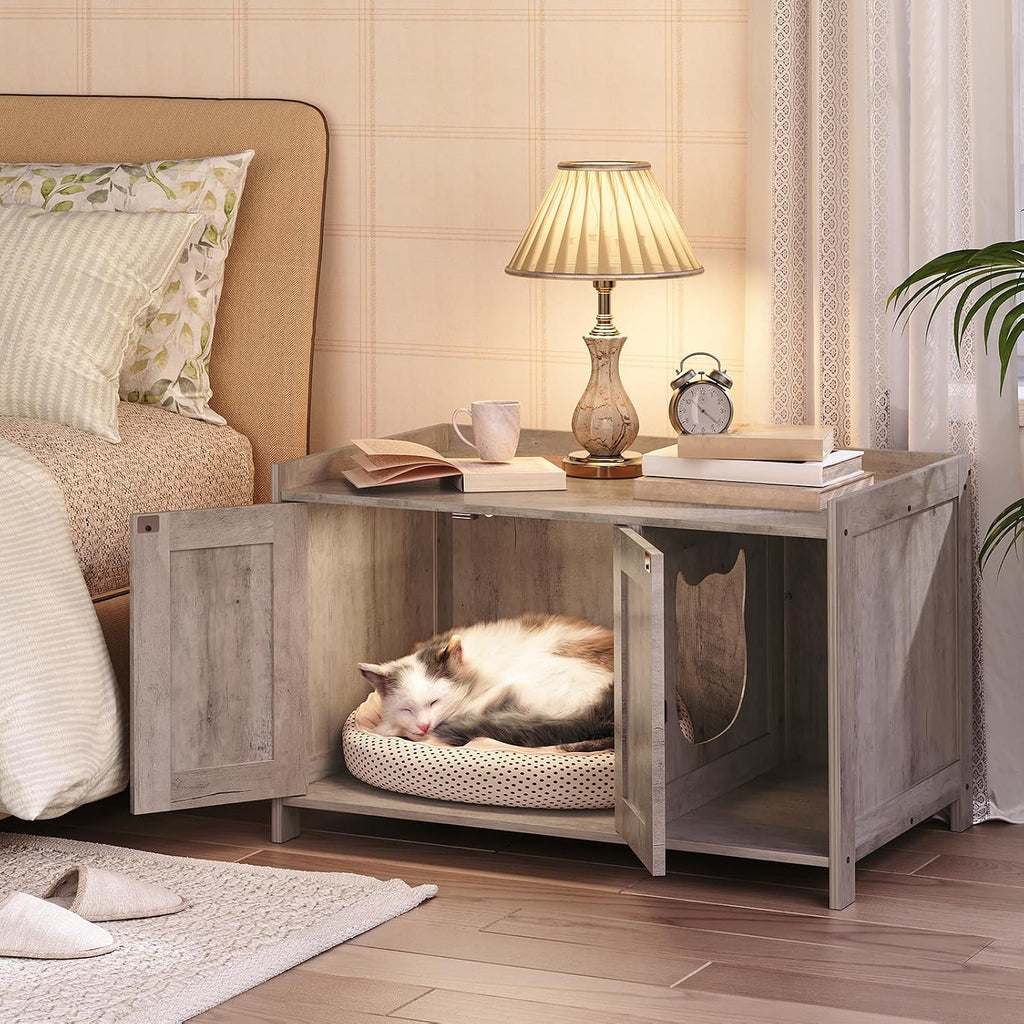 Cat Litter Box Enclosure, Hidden Litter Box Furniture with Divider, Indoor Cat House, Wooden Cat Washroom Storage