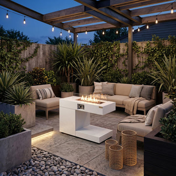 Fire Pit Table, 40000 BTU Burner, C-Shape, Stone-Look Top, White