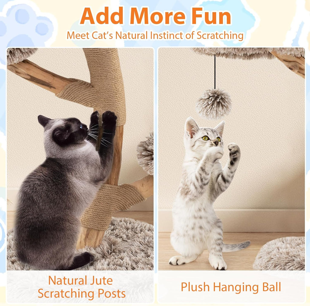 Solid Wood Cat Tree, Multi-Level Modern Cat Tower with Scratching Posts, Cozy Top Perch, 2 Platforms, Dangling Ball