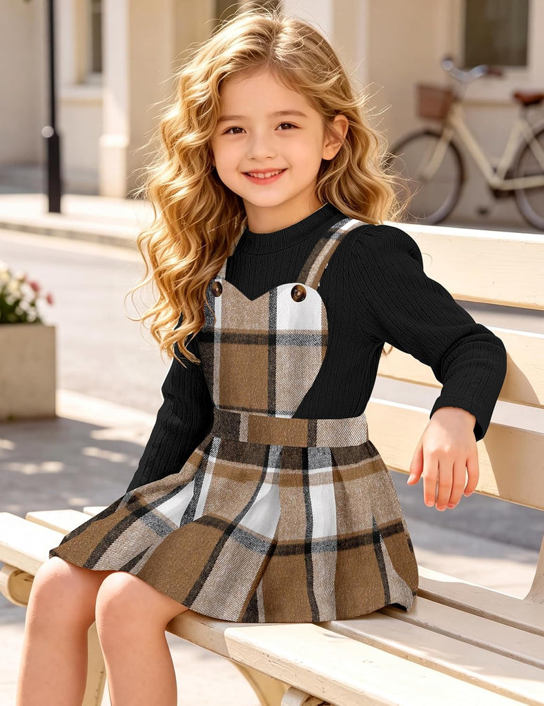 Toddler Girl Plaid Outfits Knit Ribbed Tops Heart Suspender Skirts