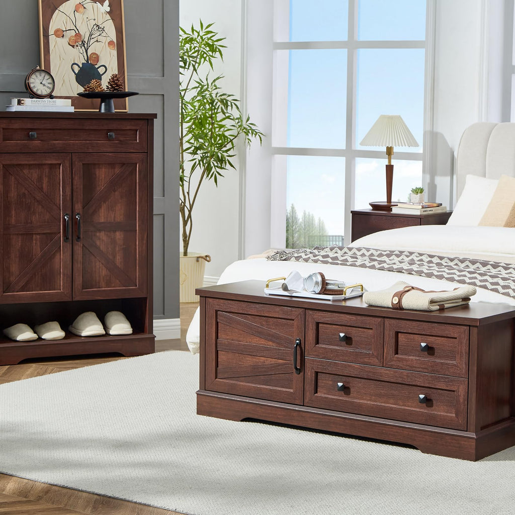 48 Inch Cherry Wood End of Bed Storage Bench, Farmhouse Bed Bench with Drawers and Cabinet, Rustic Shoe Storage Bench