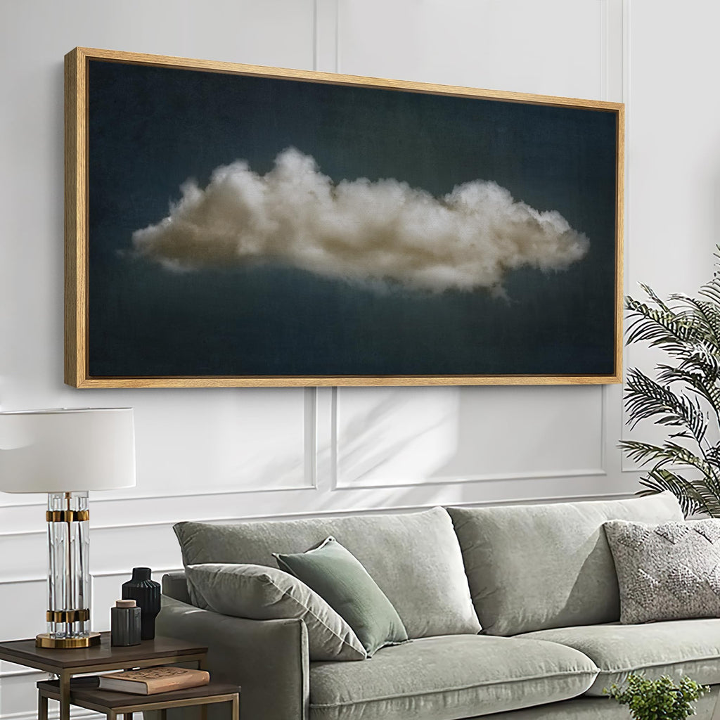 Extra Large Framed Canvas Print Wall Art Single Fluffy Cloud on Dark Sky Minimalist Atmospheric Illustrations Modern