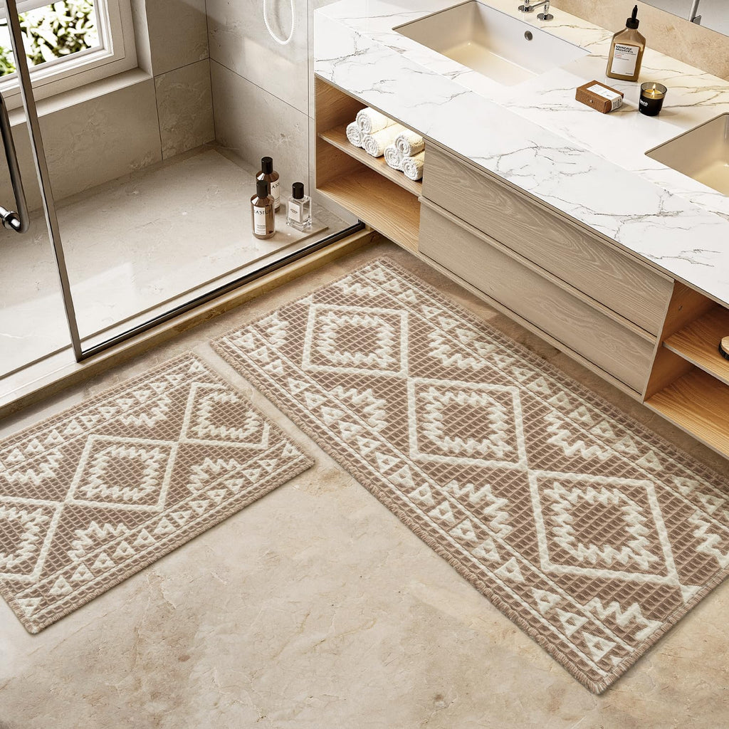 Waffle Bath Mat-Super Absorbent Bath Mats, Machine Washable Non Slip Bathroom Rug with Tassels, Soft Bathroom Mat