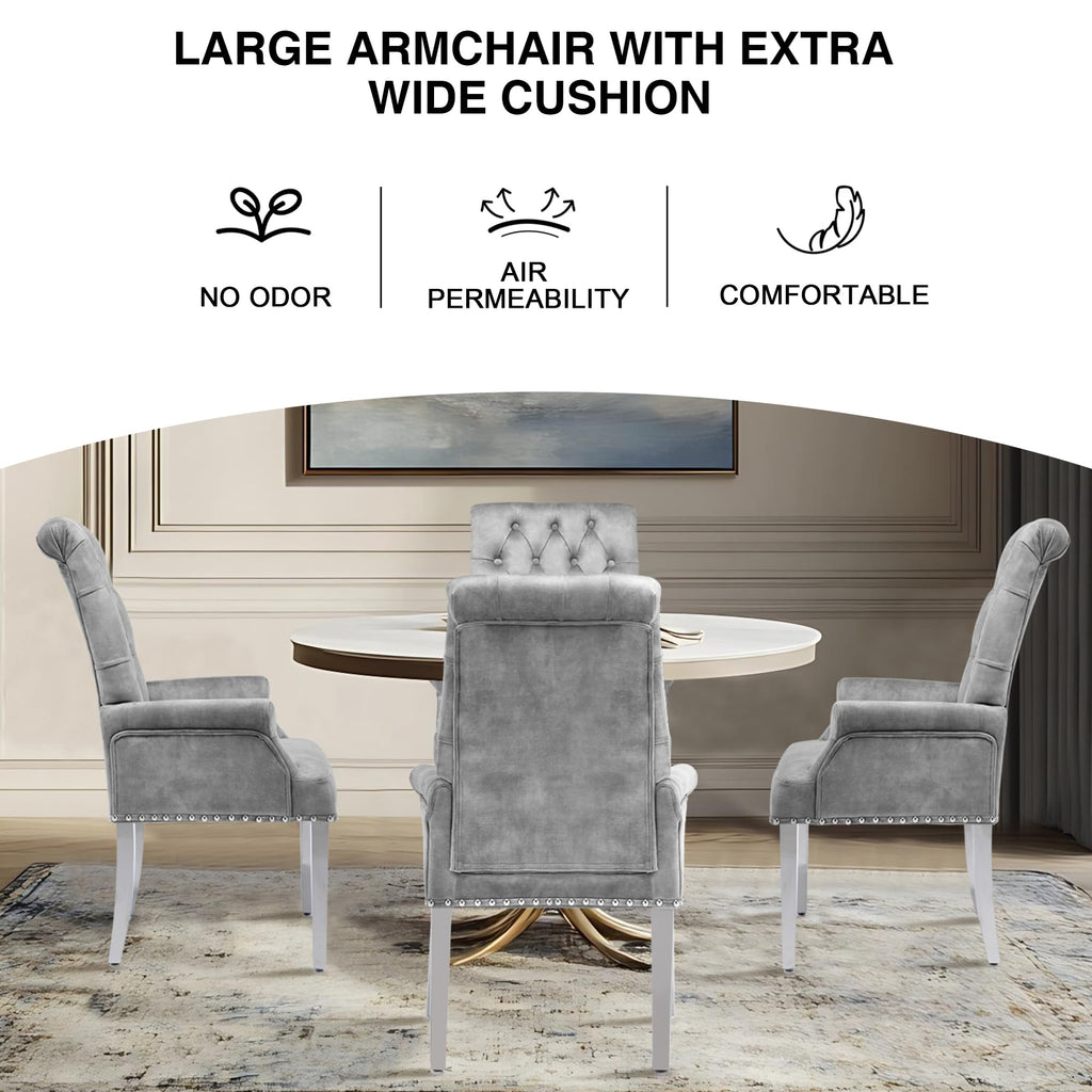 Velvet Dining Chair, Kitchen Arm Chair, Light Grey