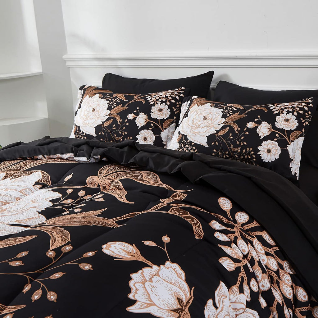 7 Piece Bed in a Bag Queen Comforter Set Botanical Floral Bedding Set,White Flowers Leaves Printed on Black