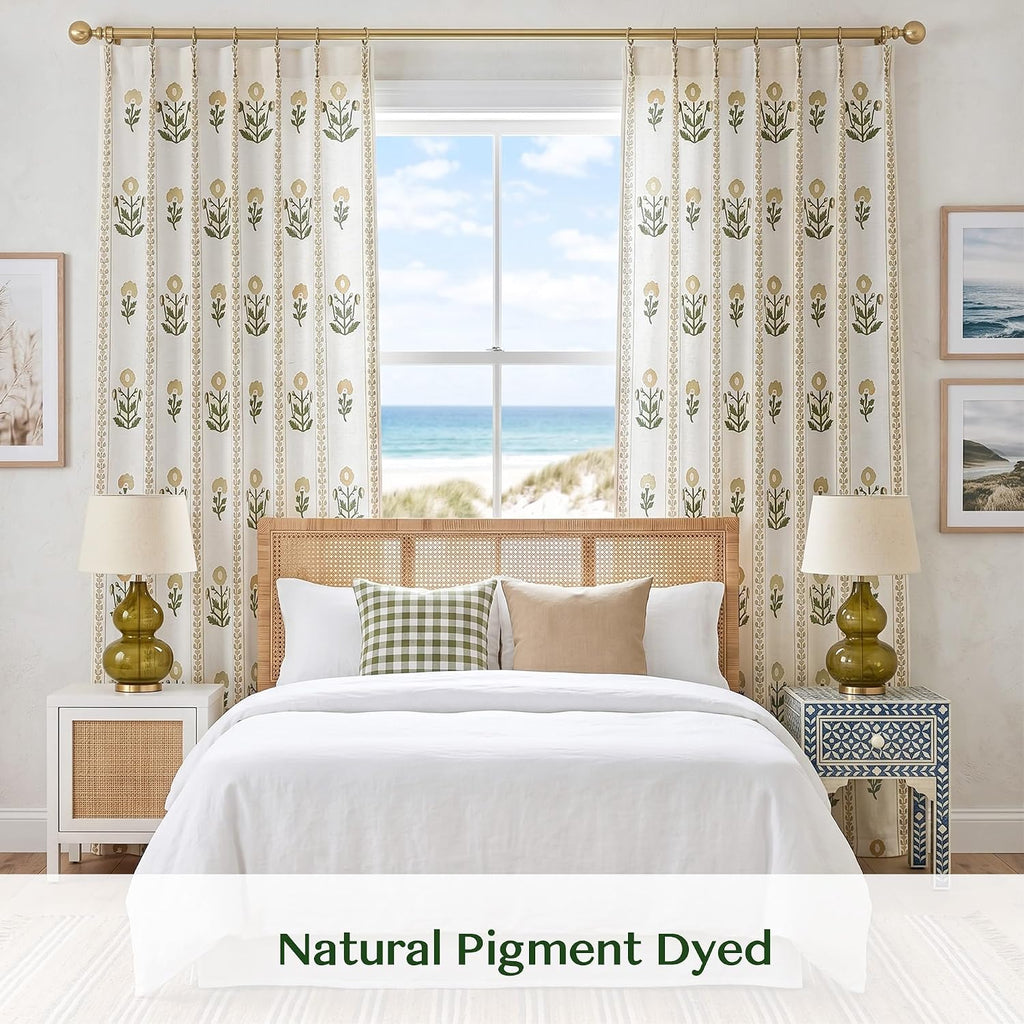 Brown Printed Pinch Pleat Curtains 84 Inch Long, Light Filtering Linen Blend Farmhouse Pleated Drapes, Semi Sheer