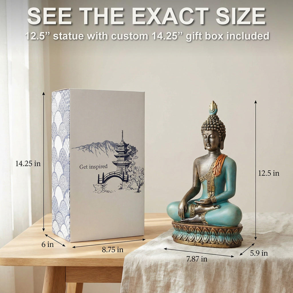 Large 12.5-Inch Polyresin Buddha Statue, Hand-Painted Turquoise & Gold