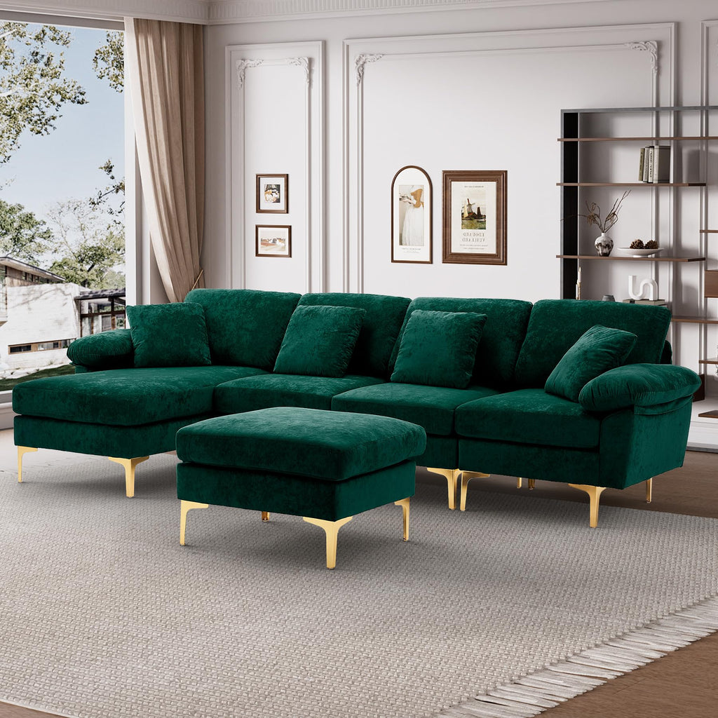 114" U-Shaped Sectional Couch with Ottoman, Emerald Green