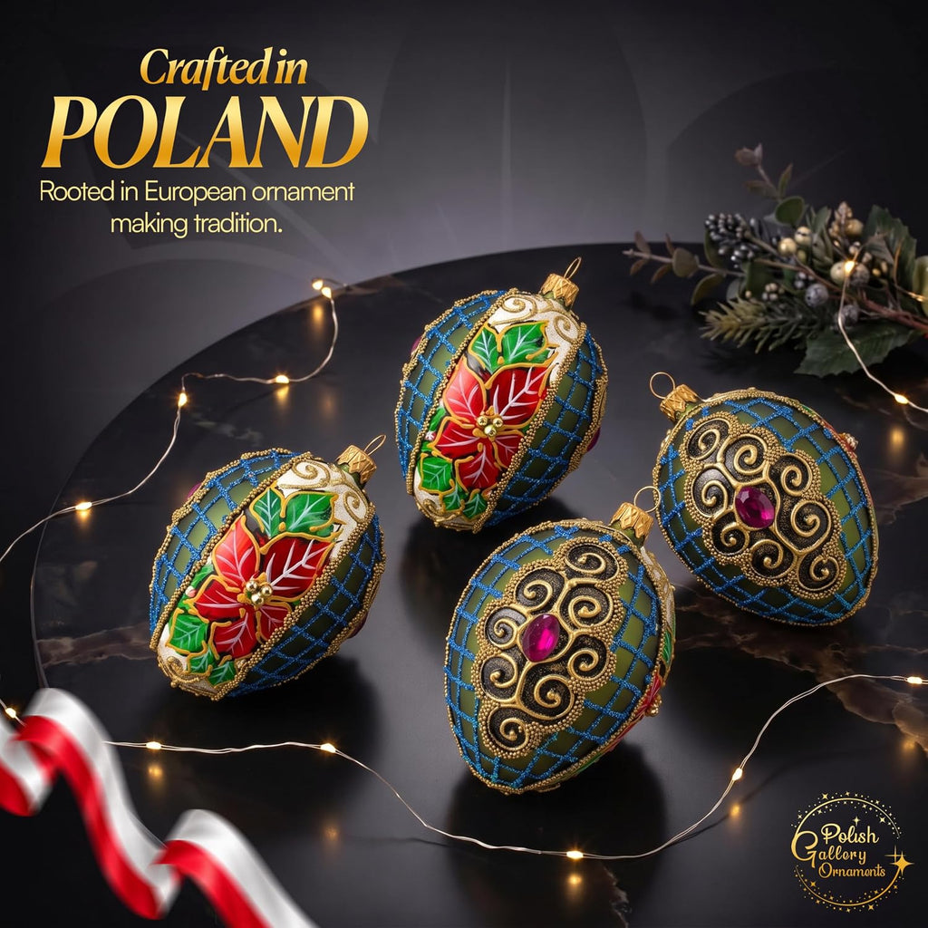 5 Inch Olive Matte Red Poinsettia Fabergé Style Egg | Vintage Ornament | Mouth Blown and Hand Painted in Poland