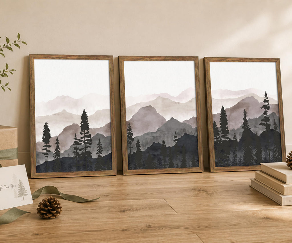 Framed Pine Forest Wall Art Set of 3, Misty Mountain Landscape, 12x16 Inch