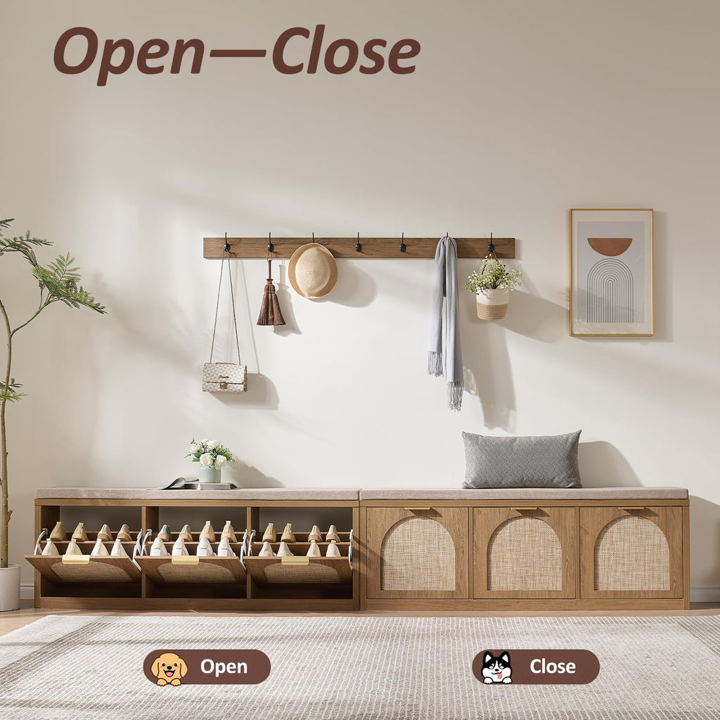 Rattan Narrow Entryway Bench with Shoe Storage, 3 Flip Drawers & Coat Rack, Mid-Century Modern Wood Shoe Cabinet with