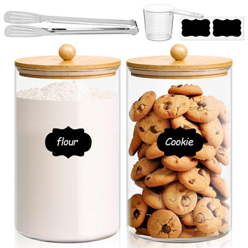 Glass Storage Jars with Bamboo Lids 3.9 Qt 2 Pack Large Pantry Round