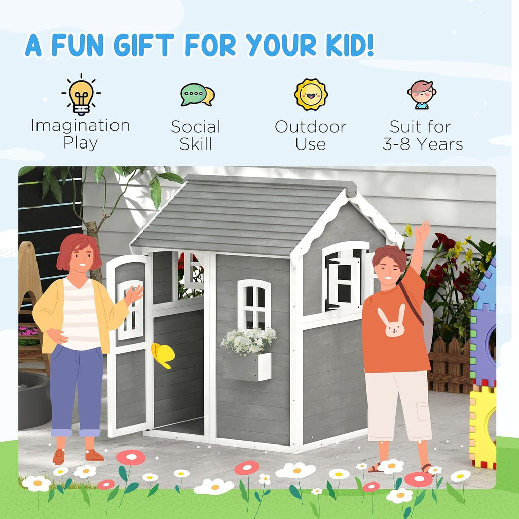 48x48x70in Kids' Outdoor Wooden Playhouse Includes Two Doors Two Windows Safety Floor and PlanterBox for Ages 3 to 8