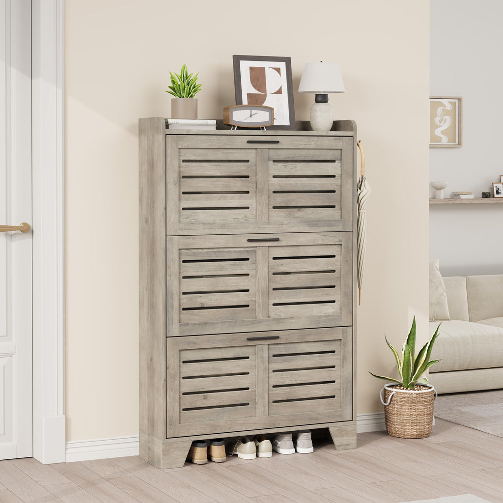 Shoe Storage Cabinet with 3 Flip Drawers, Freestanding Shoe Organizer Storage with 2 Side Hooks, Farmhouse Hidden