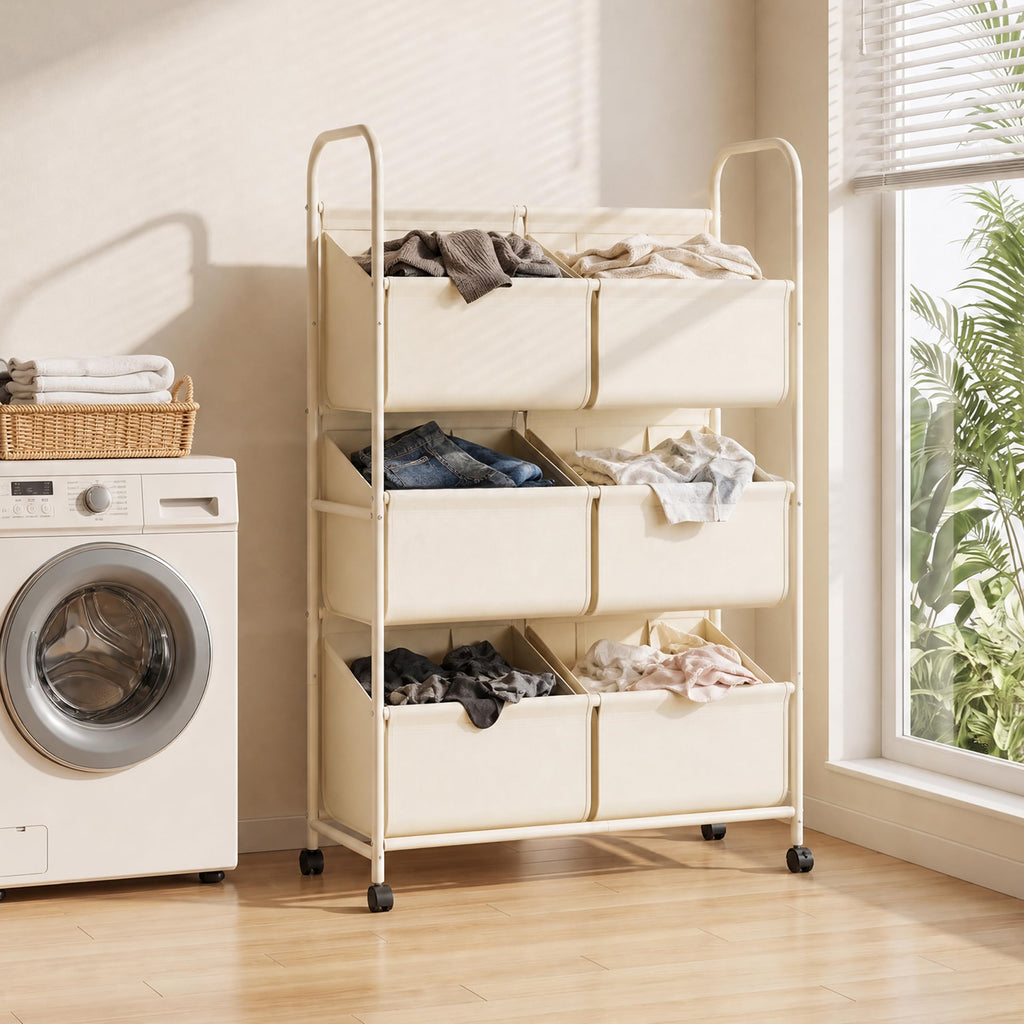 3-Tier Double Column Vertical Rolling Laundry Hamper, 6 Removable Bags