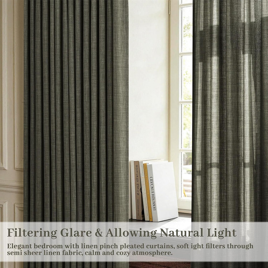 Pinch Pleated Linen Curtains 96 Inches Extra Long Olive Green Drapes, Thick Linen Light Filtering Memory Trained