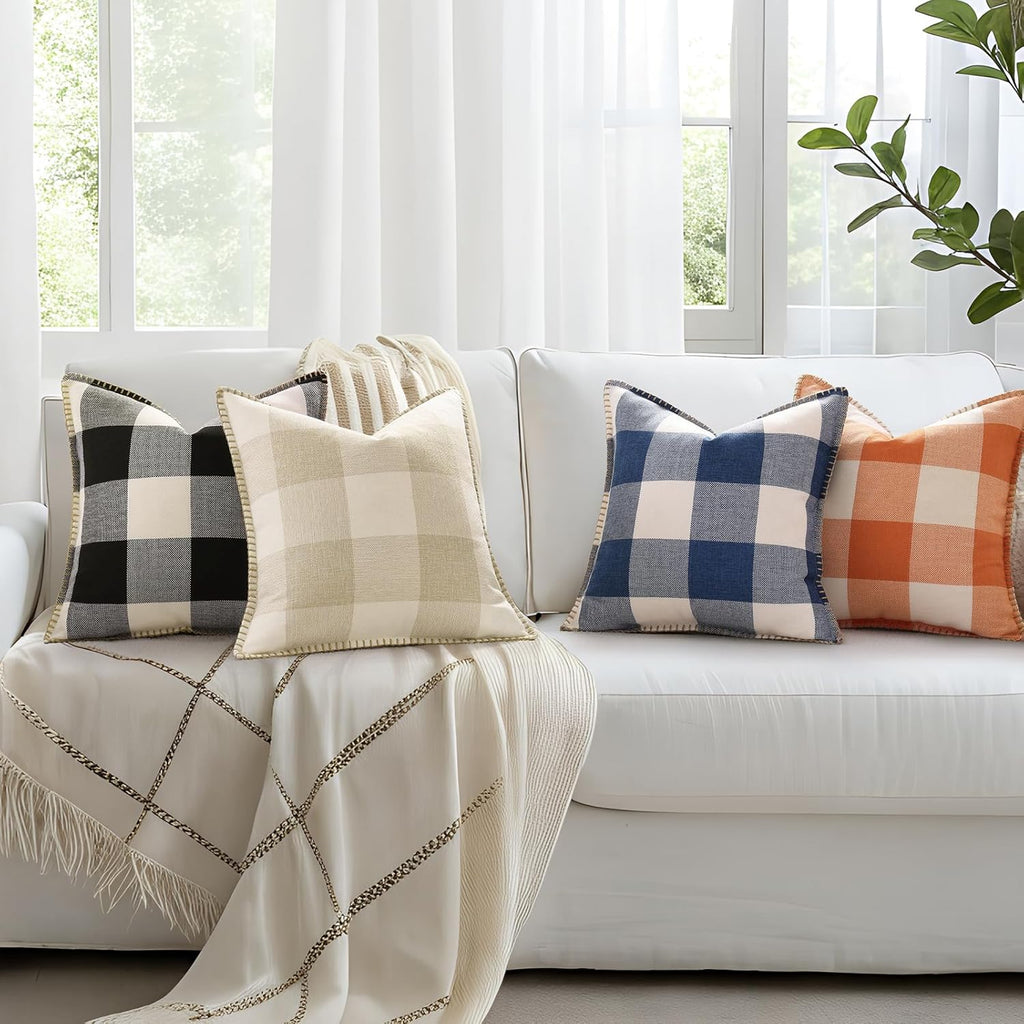 Summer Buffalo Plaid Check Throw Pillow Covers 18x18 Set of 2 Outdoor Linen Decorative Farmhouse Gingham Pillow