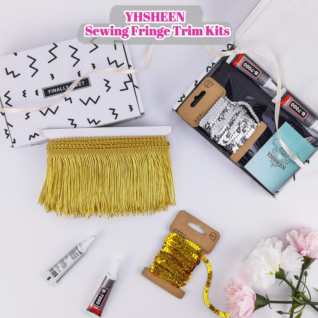 Gold Fringe Trim, 3Yards X 4Inch Fringe Trim with B7000 Glue for Crafts Wedding Birthday Party Decoration,Sewing