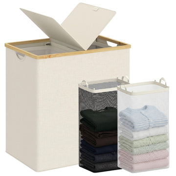 Double Laundry Hamper with Lid and 2 Removable Bags, Beige