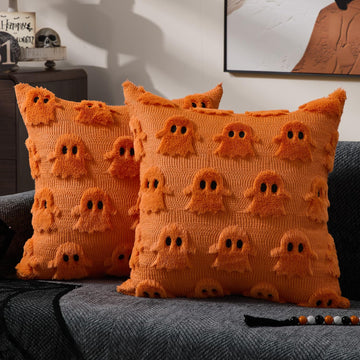Halloween Pillow Covers 20x20 inch Set of 2 Orange Ghost Throw Pillow Cases Soft Plush Faux Fur Wool Couch Cushion