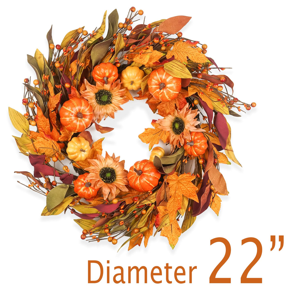 Fall Wreaths for Front Door 22 Inch, Autumn Wreath with Berry Pumpkin, Maple Leaves, Thanksgiving Harvest Festival