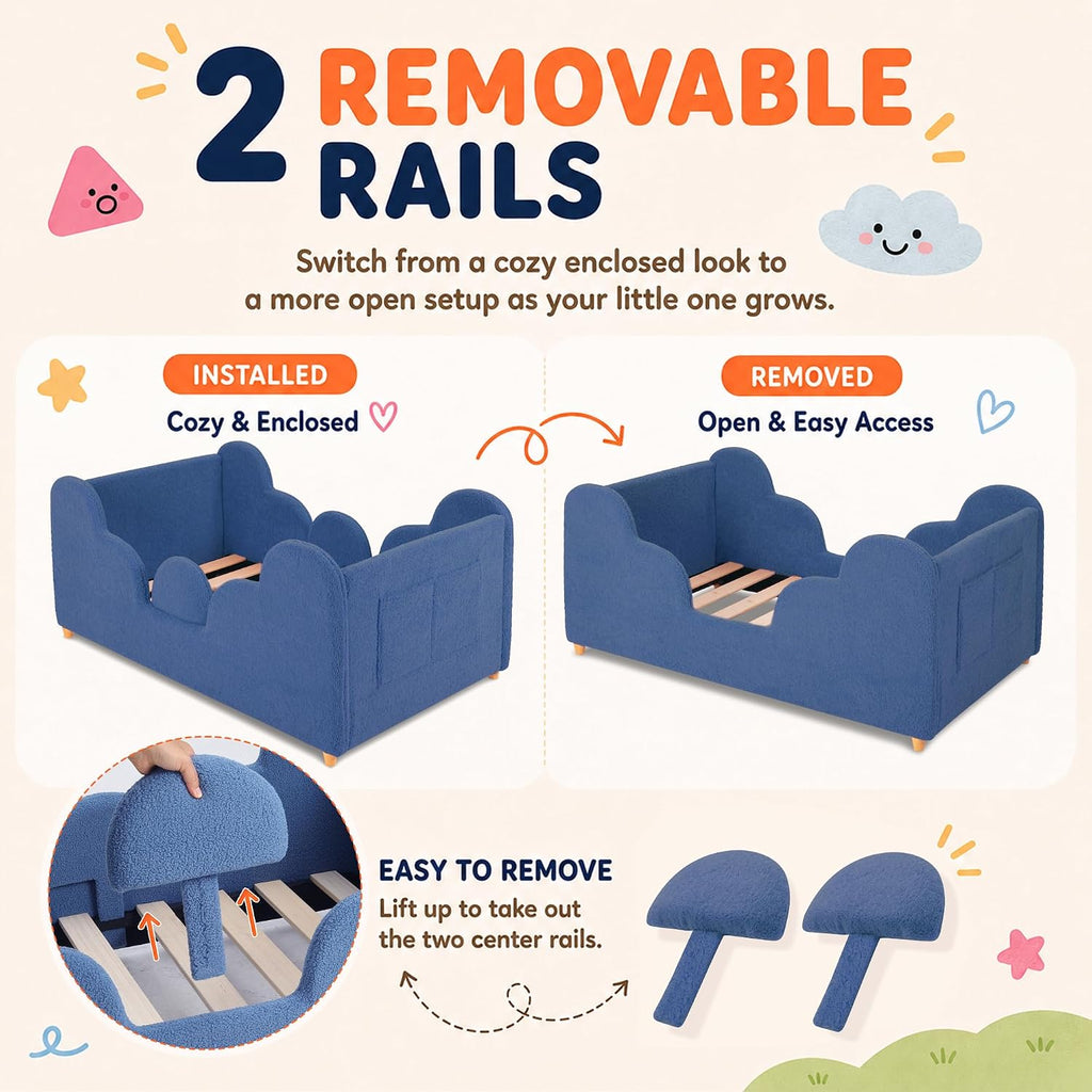 Toddler Floor Bed, Soft Montessori Bed with Removable Rails