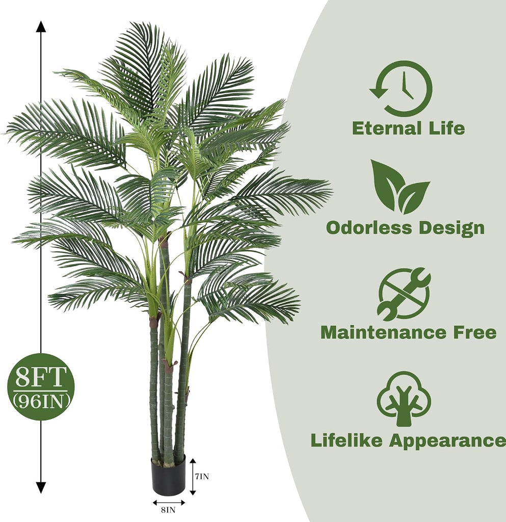 Palm Tree 8FT(96in) Tall Faux Tree with Large Trunks and 32 Realistic Leaves, Fake Tropical Floor Potted Artificial