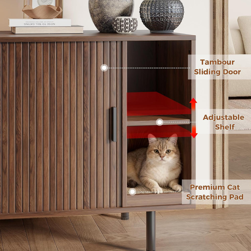 Cat Litter Box Enclosure, Kitty Hidden Litter Box Furniture with Scratch Pad, Modern Indoor Cat House, Sliding Door