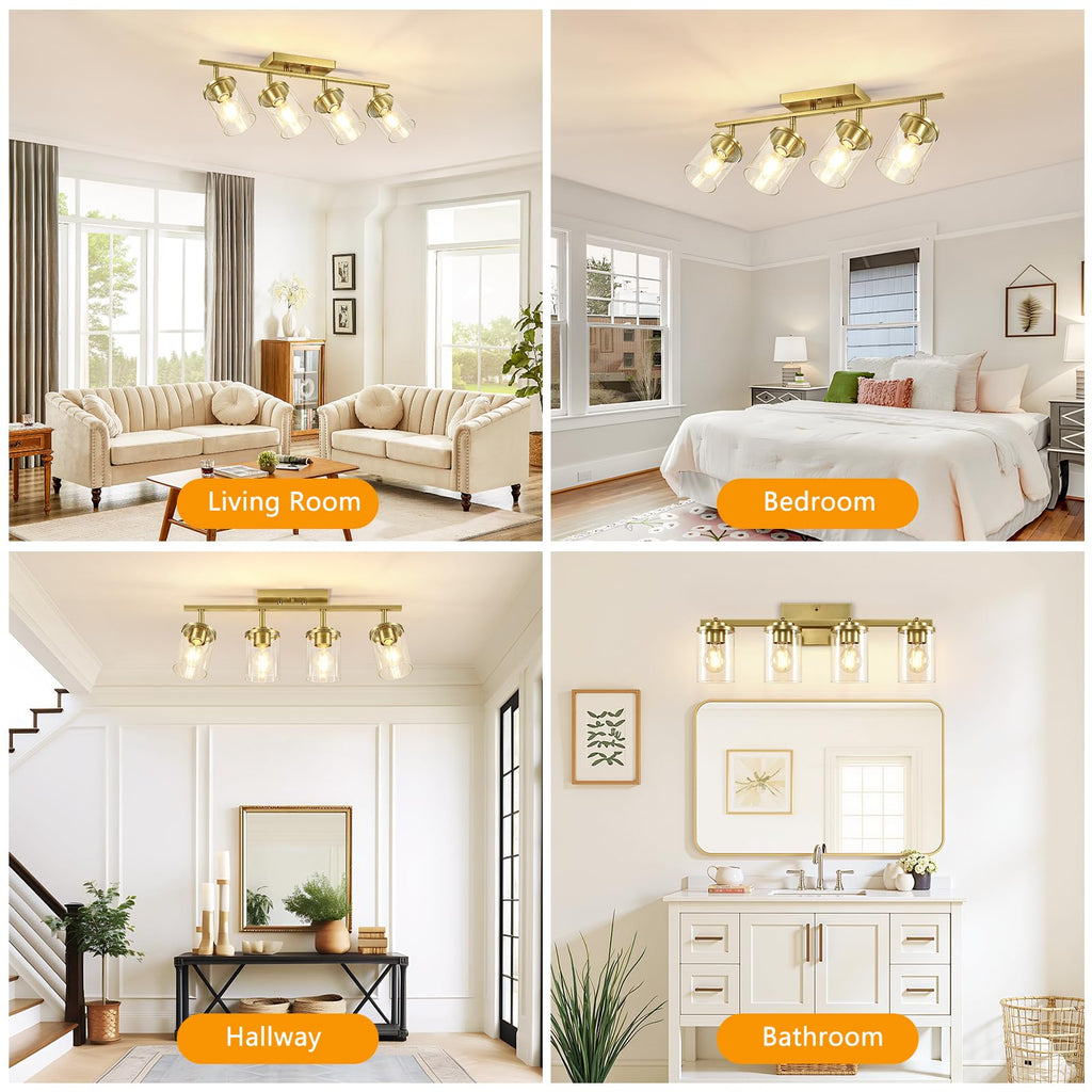 Kitchen Track Lighting Fixtures Ceiling, Gold Semi Flush Mount Ceiling Light with Clear Glass