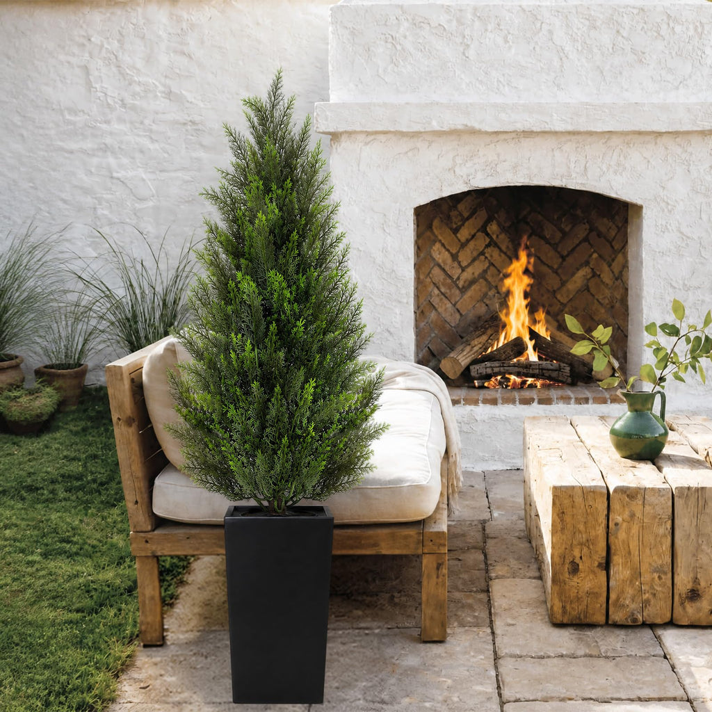 5FT Artificial Cedar Topiary Trees 2 Pack, Realistic Faux Cypress Trees with Square Black Planter Pot, UV Resistant