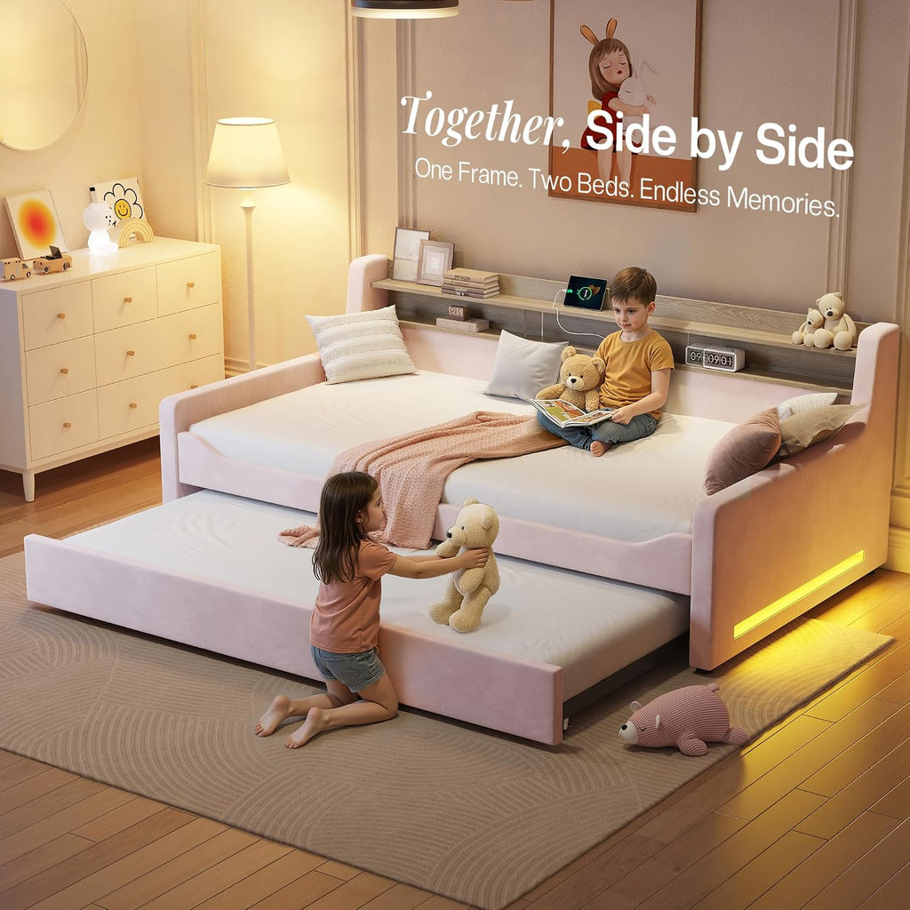 Twin Upholstered Daybed with Trundle and Charging Station, Pink | Storage Headboard, LED Bedside Light, USB Charging
