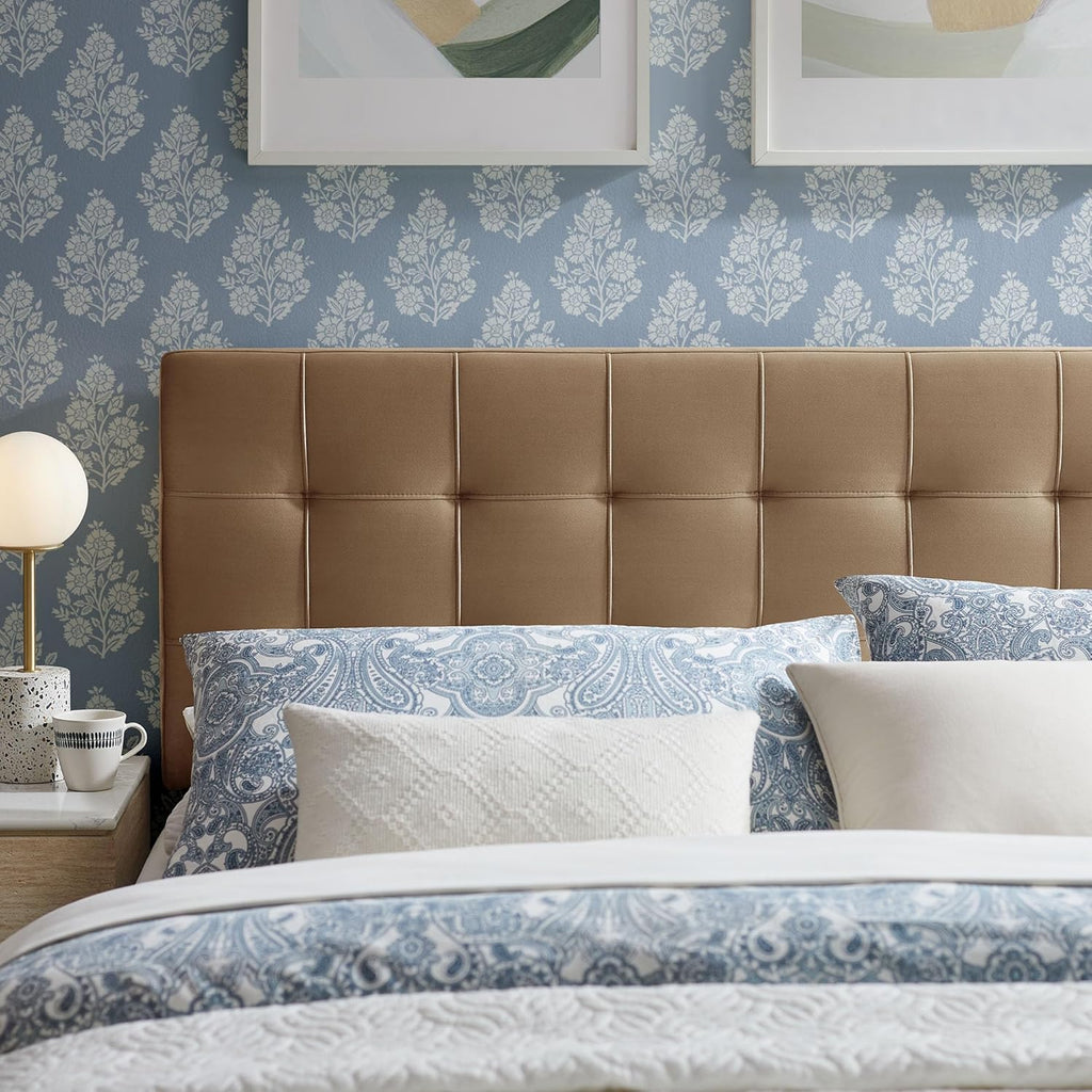 Lily Performance Velvet Queen Headboard with Biscuit Tufting in Taupe - Stain-Resistant Upholstery with Padded Design