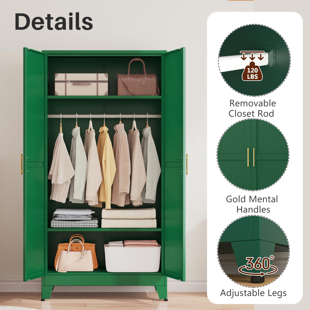 Metal Armoire Wardrobe Closet with 2 Mirror Doors, 71" Wardrobe Cabinet with Adjustable Shelves and Hanging Rod