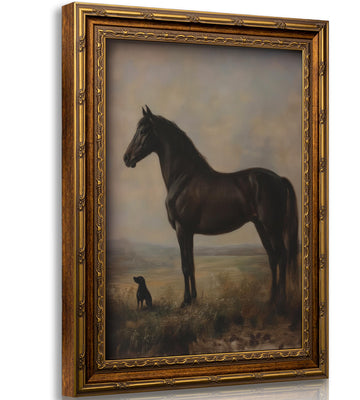 Vintage Gold Framed Horse Wall Art Horse and Dog Canvas Wall Decor Retro Rustic Farmhouse Animal Picture Rustic