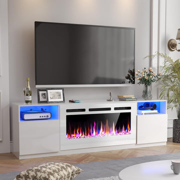 Fireplace TV Stand 70" LED Light Entertainment Center White&White