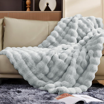 1000GSM Faux Rabbit Fur Throw Blanket, Super Heavy Warm Cozy Grey Blankets for Couch Bed Sofa, Ruched Plush Fuzzy