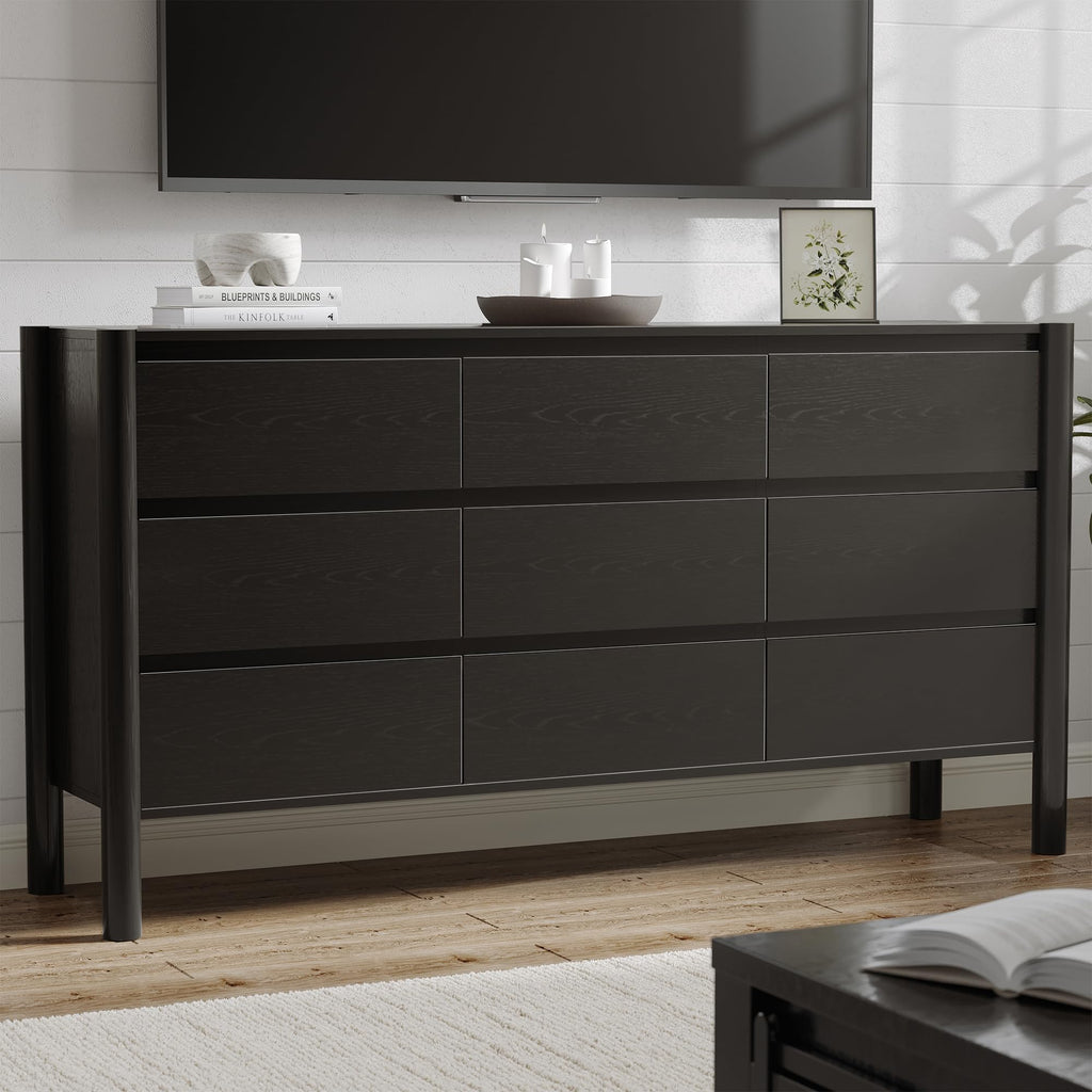 63" Wide Black 9 Drawer Dresser with Solid Wood Legs