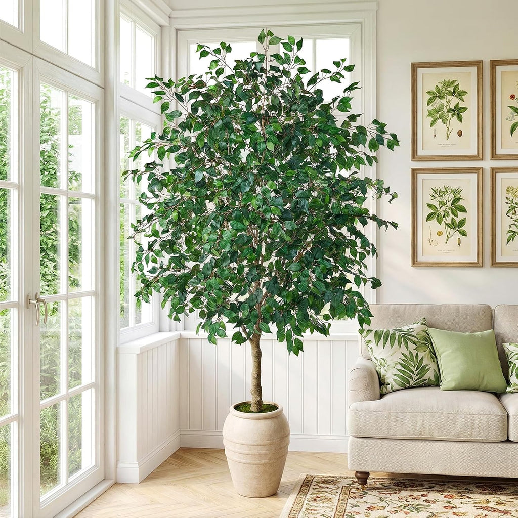 Artificial Ficus Tree Indoor 9ft with Off-White Vintage Planter