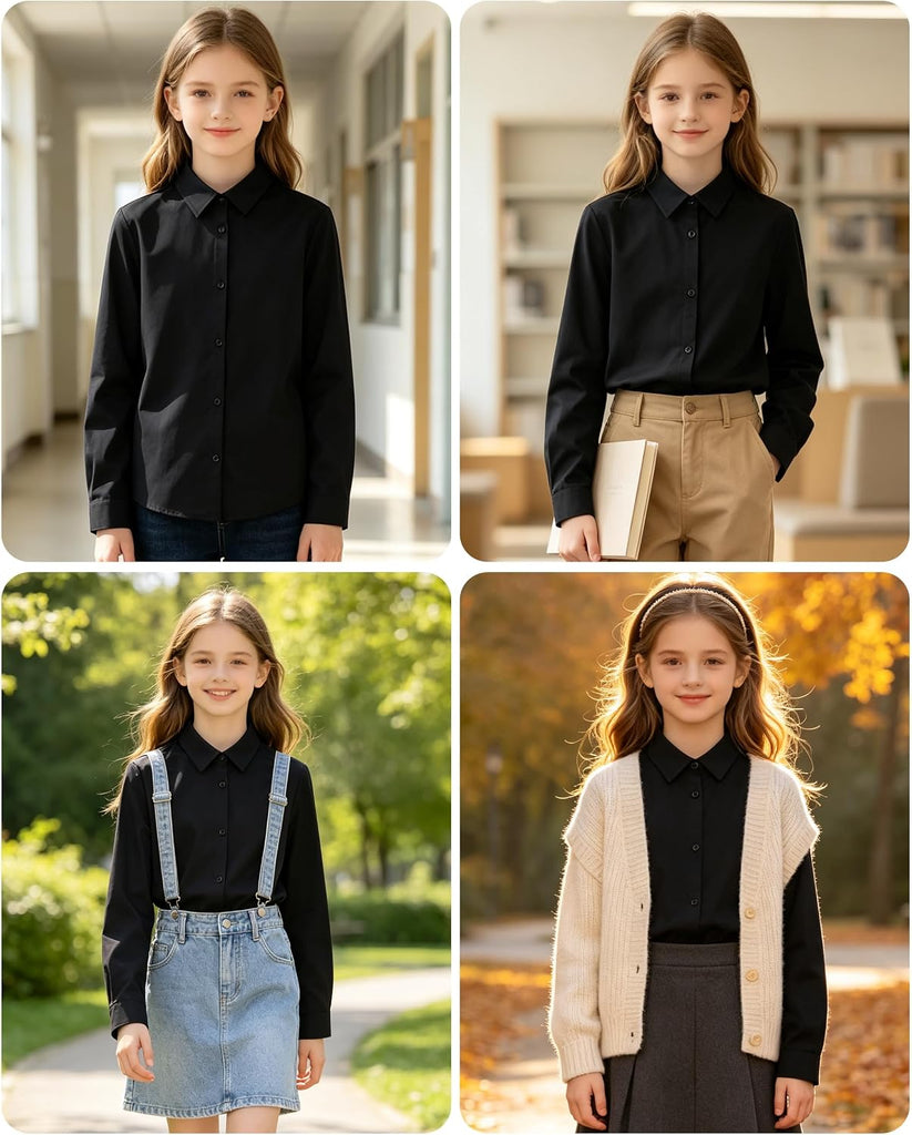 Girls Button Down Shirts Kids Long Sleeve Uniform Collared Blouse