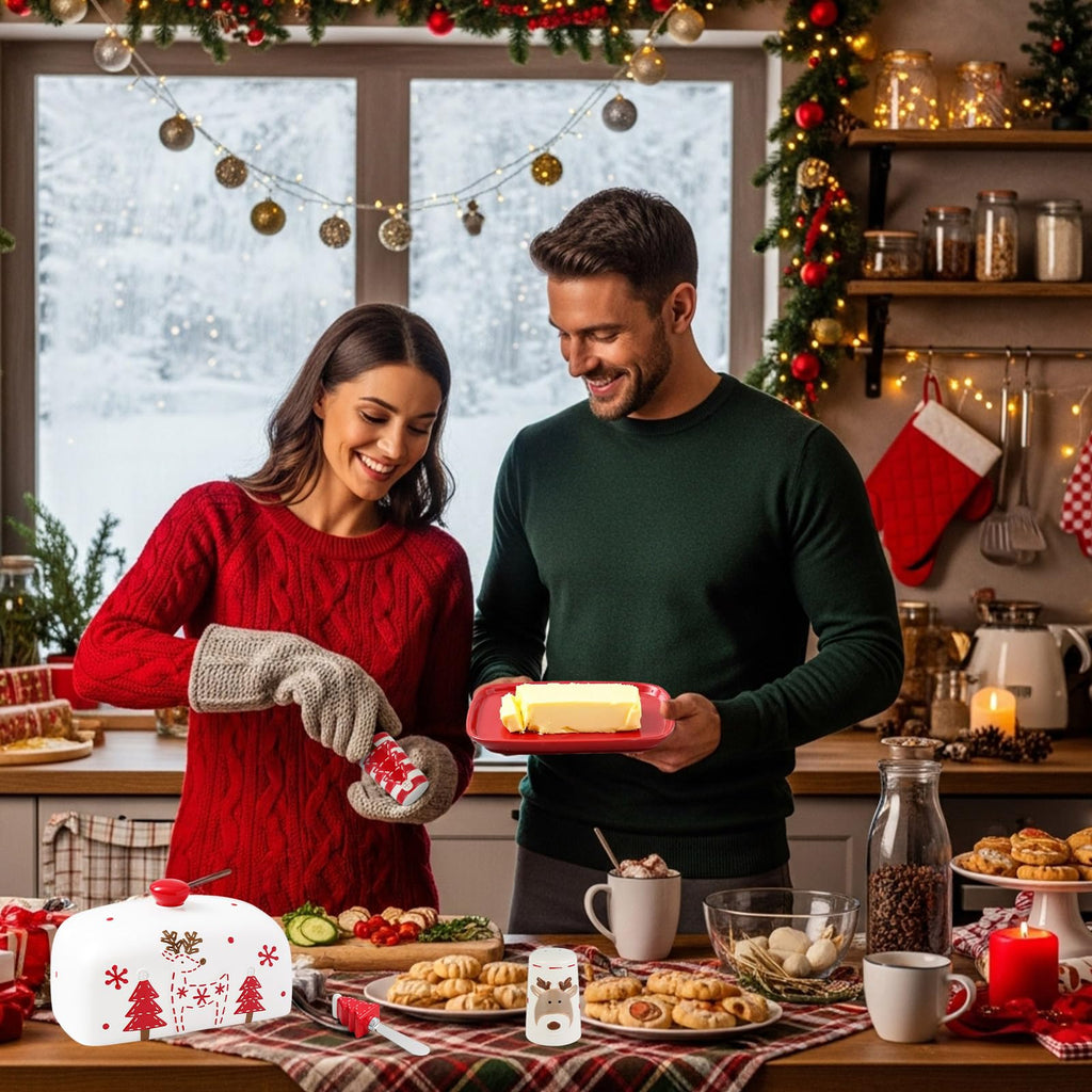 4 Pcs Christmas Dishes Set Include 1 Ceramic Elk Butter Dish with Lid 2 Salt and Pepper Shakers and 1 Christmas Tree