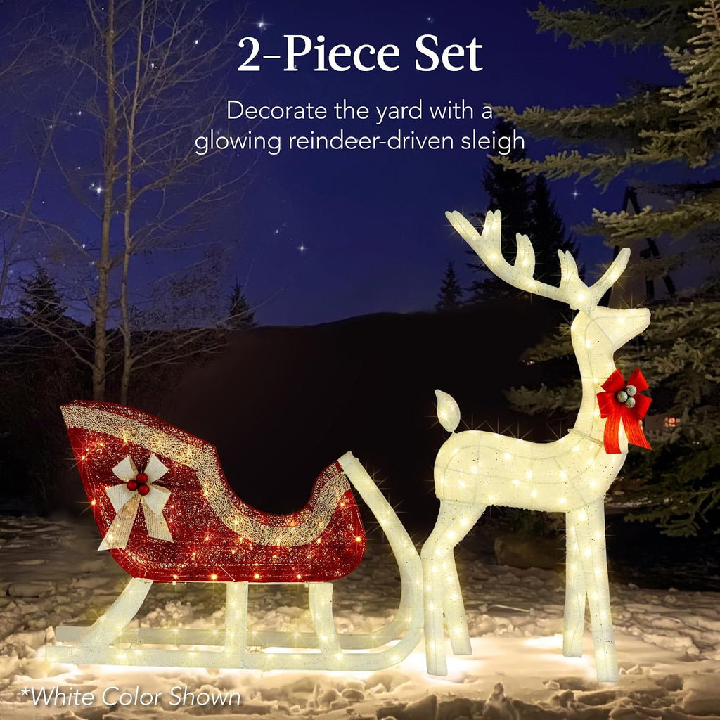 Lighted Christmas 4ft Reindeer & Sleigh Holiday Outdoor Yard Decoration Set w/ 205 LED Lights, Stakes, Zip Ties