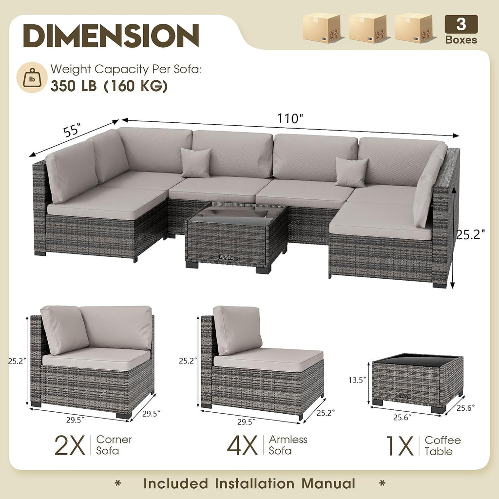 7 Piece Patio Outdoor Furniture Set, Outdoor Sectional, All-Weather Hand-Woven Wicker Patio Sectional Sofa, Rattan