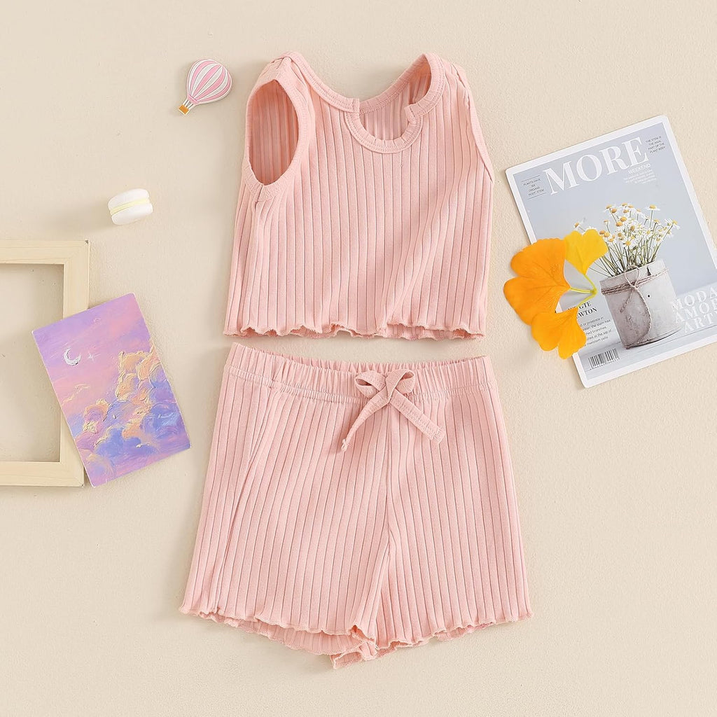 Baby Girl Clothes Summer Toddler Outfit Ruffle Rib Knit Ruffle Vest Tank Tops & Shorts Cute Clothing Sets