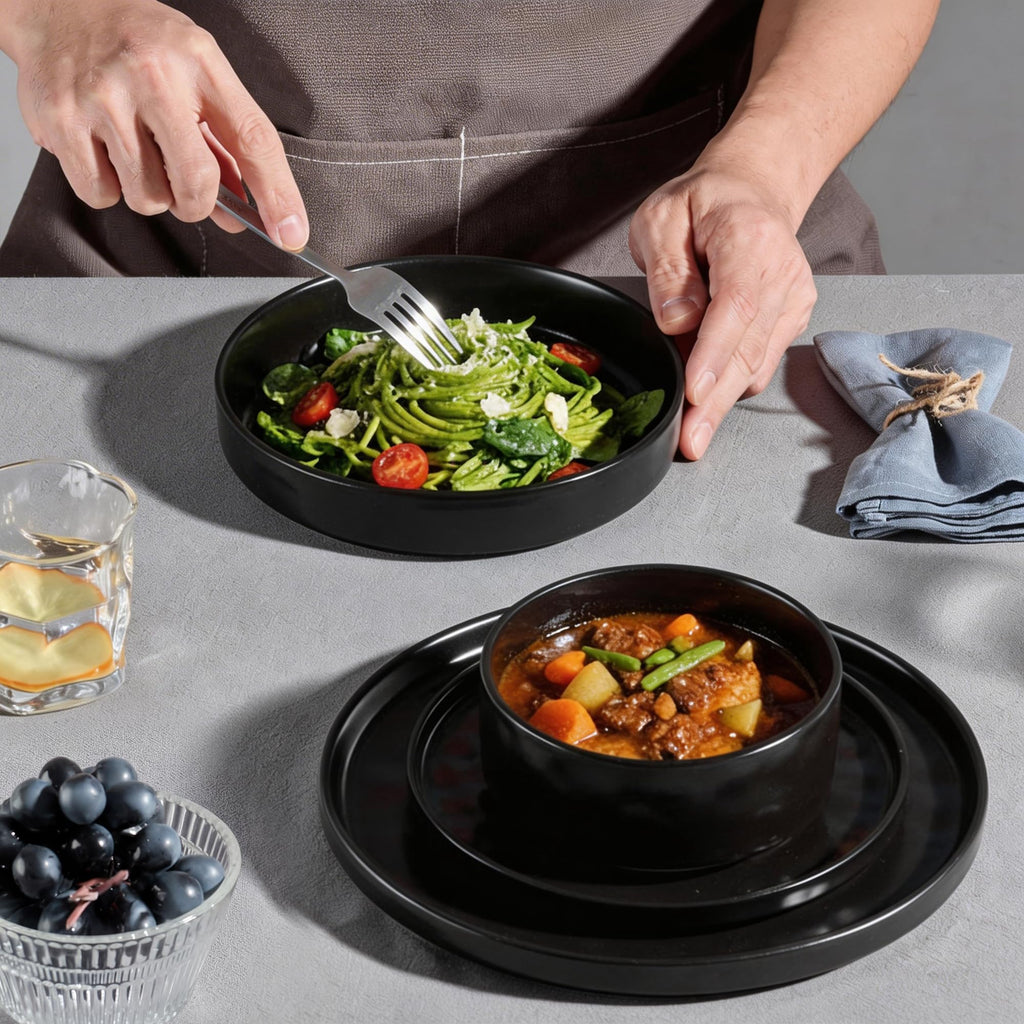 Black Plates and Bowls Sets, 24-Piece Stoneware Dinnerware Set for 6
