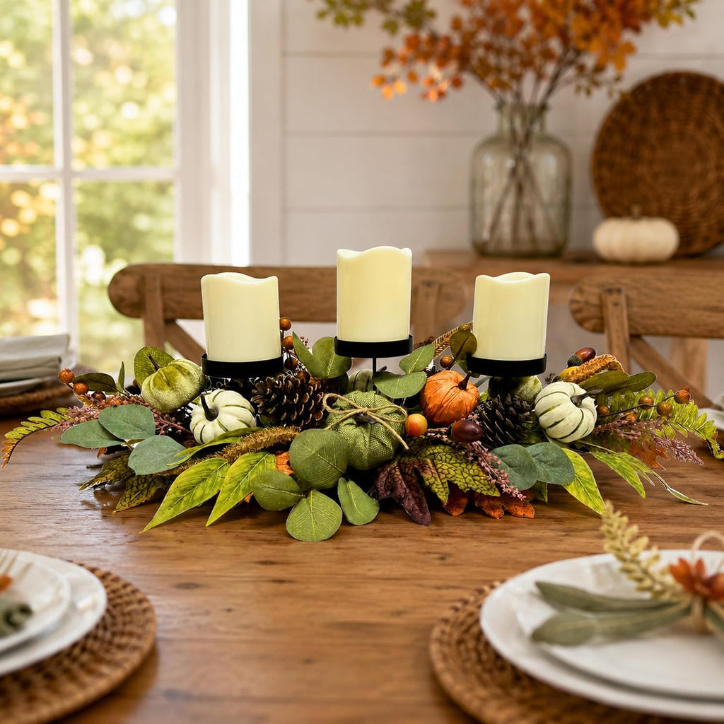 Inch Fall Candle Holder Centerpiece with Pumpkins Pinecones - Set of 3