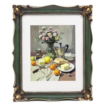 Vintage 11x14 Picture Frame with Embossed Flower, Green Ornate Frame for 11x14 or 8x10 Photos with White Mat