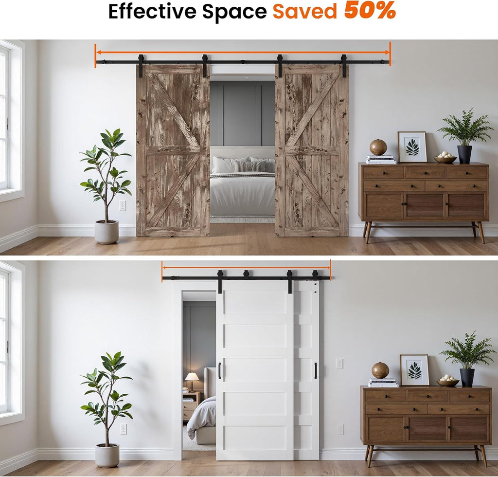 30x84 Inch White Double Barn Door Set - 5-Panel MDF Sliding Doors with 6FT Bypass Barn Door Hardware